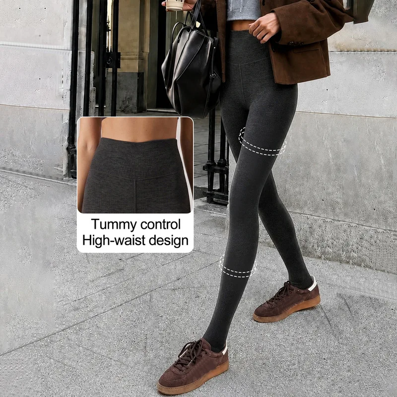High Waist Thermal Fleece Leggings for Women Vertical Stripe Slim Fit Seamless Pantyhose Body Shaper Tights Outdoor Daily Wear - view 3