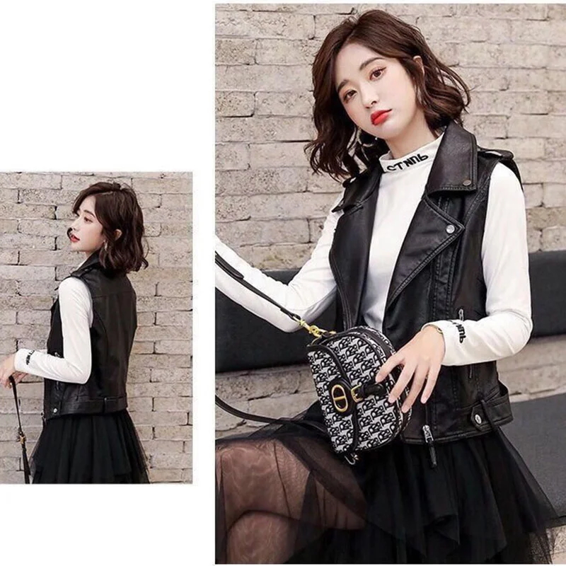 PU Leather Vest Women\'s Sprin Autumn Korean Waistcoat 2024 New Female Leather Coat Ladies Locomotive Suit Sleeveless Jacket 5XL