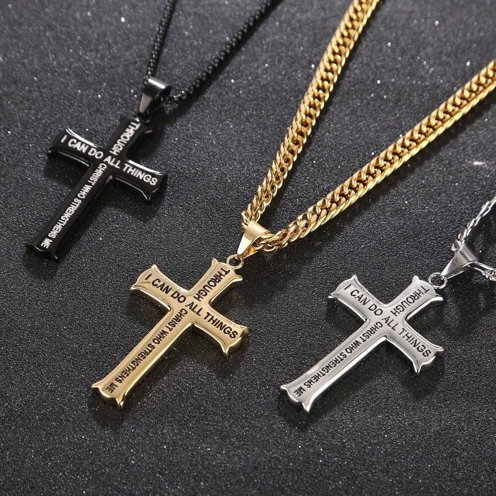 HNSP Stainless Steel Cross Necklace Pendant For Men 2024 Popular Religious Jewelry Accessories