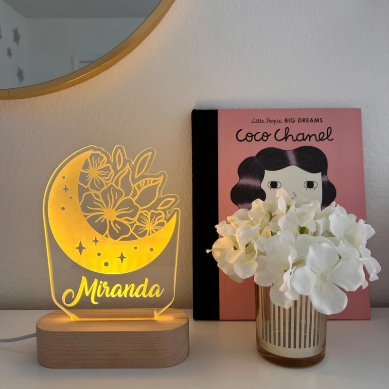 Moon and Flower Custom Name Light Personalized Bedroom LED Cloud Decor Kids Name Nursey Birthday gifts lamp for baby shower