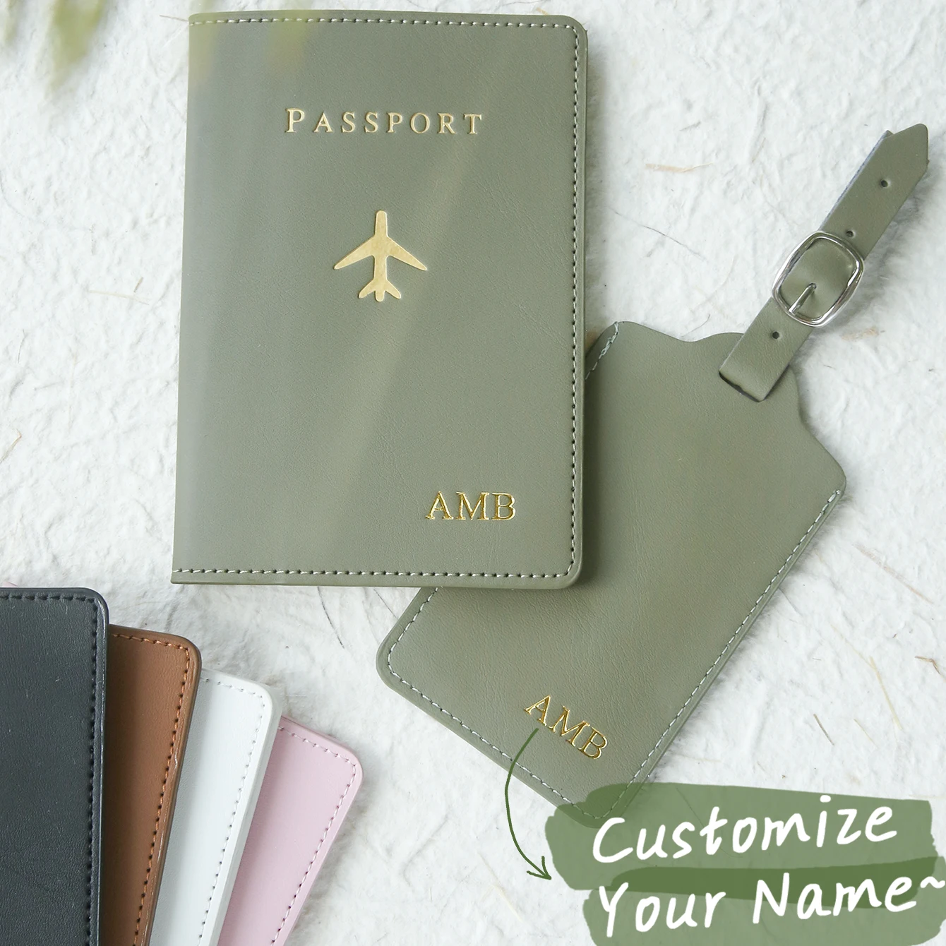 

Custom Hot Stamping Name Passport Holder & Luggage Tag Customized Gold Monogram Name Leather Passport Cover Luggage Tags
