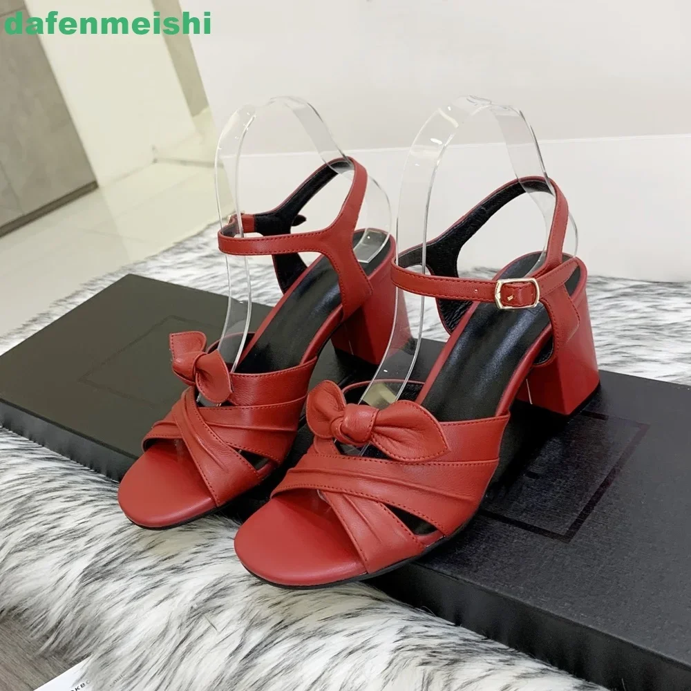 2026 New Women Sandals Cross Strap Bow Open Toe Chunky Heel High Heel Front & Rear Strap Solid Color Genuine Leather Sandals