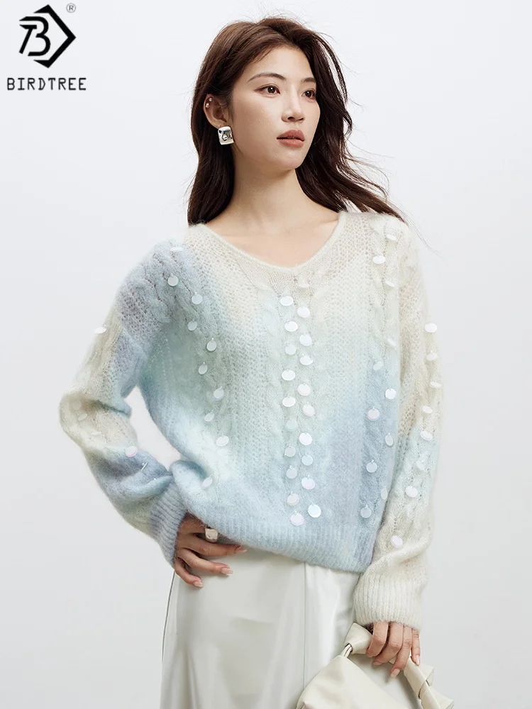 

Birdtree 26.6% Sheep Wool 30.5% Mohair Sweater,Woman Wool Blend Sequin V-neck Gradient Loose Knitwear Tops Autumn T58935JF