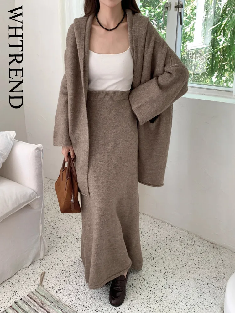 

WHTREND осенне-зимний большой вязаный пуловер на молнии, куртка, пальто с длинной юбкой, комплект из 2 предметов, теплая модная одежда WH2074