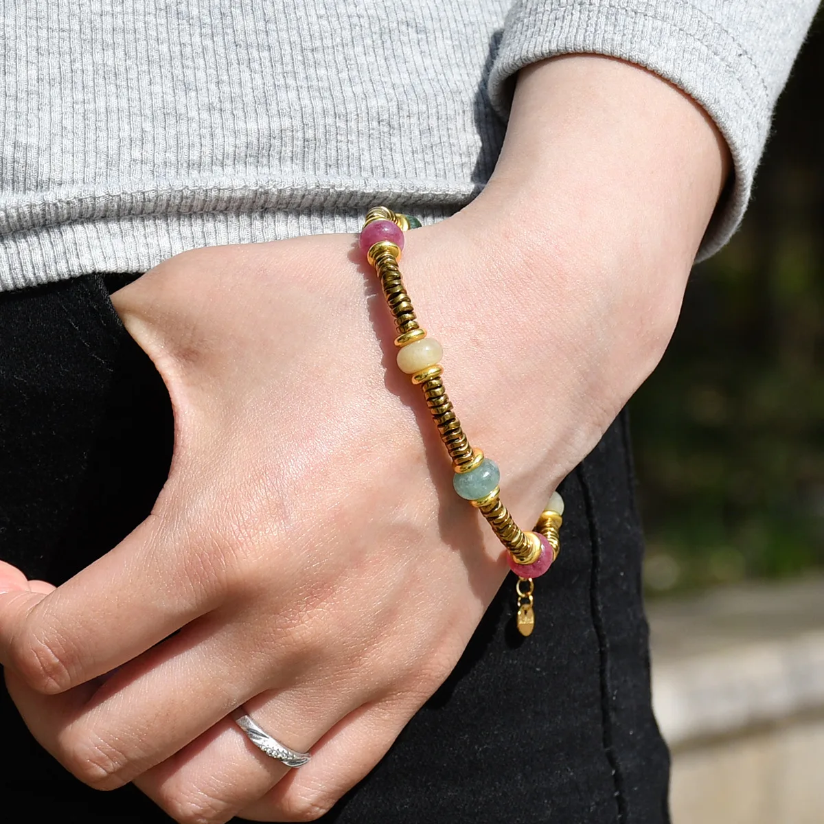 PRISCA | Colored Natural Stone Bracelets for Women Stainless Steel European and American Jewelry 2024