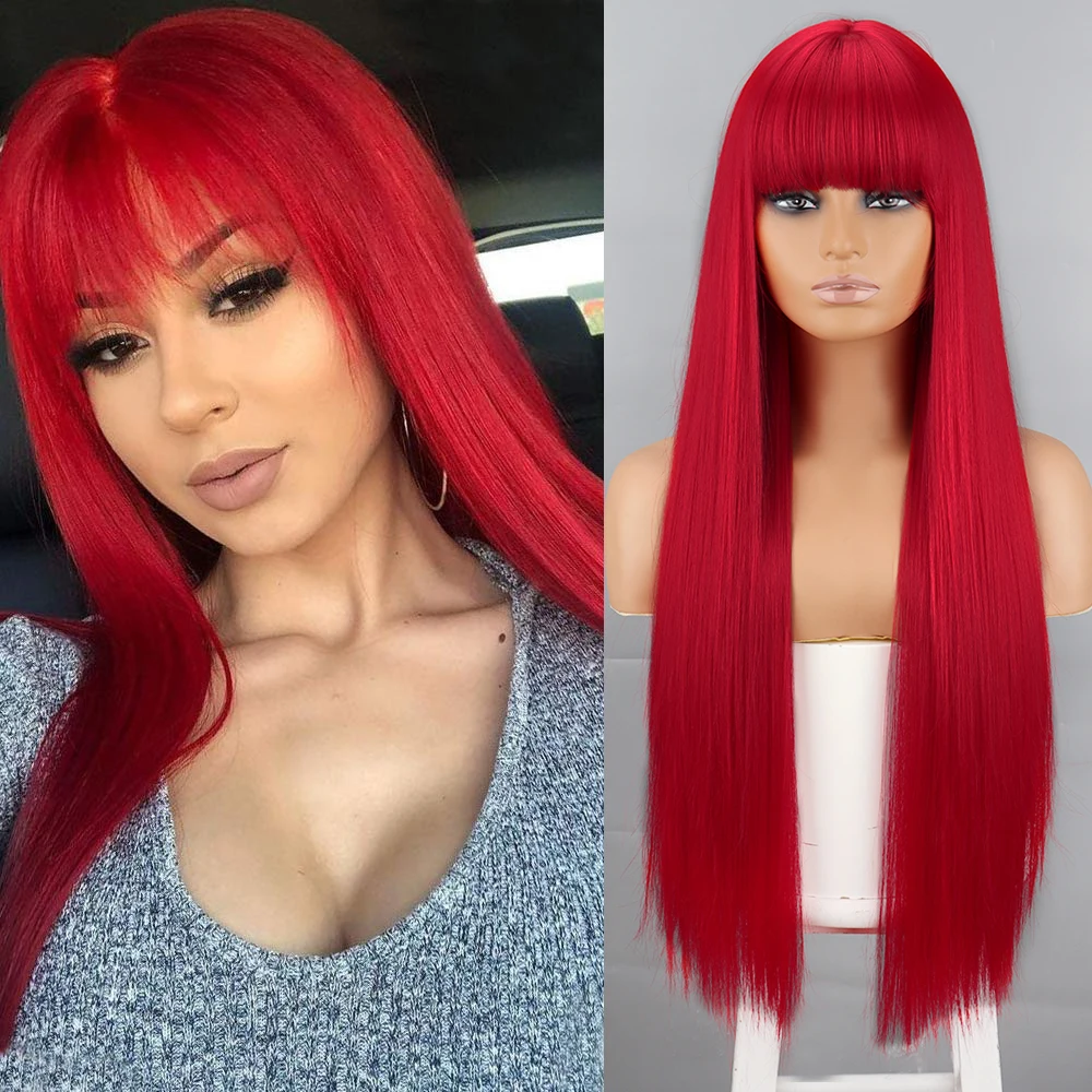 WERD wig sintetis panjang lurus wig merah dengan poni untuk wanita hitam Cosplay pesta penggunaan sehari-hari rambut alami