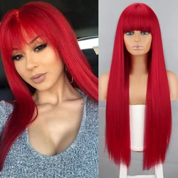 WERD-pelucas sintéticas largas y rectas para mujer, pelo Natural rojo con flequillo para fiesta de Cosplay, color negro, uso diario