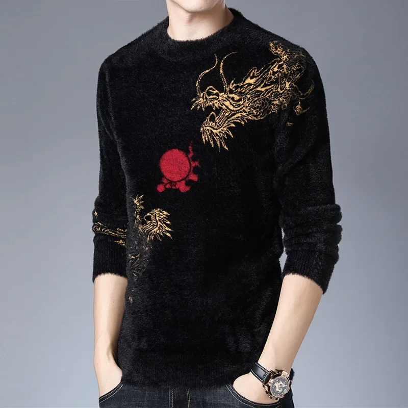 Chinese Style Crane Pattern Sweater Men Fashion Casual Pullover Winter Quality Velvet Soft Comfortable Knitted Luxury Pull Homme