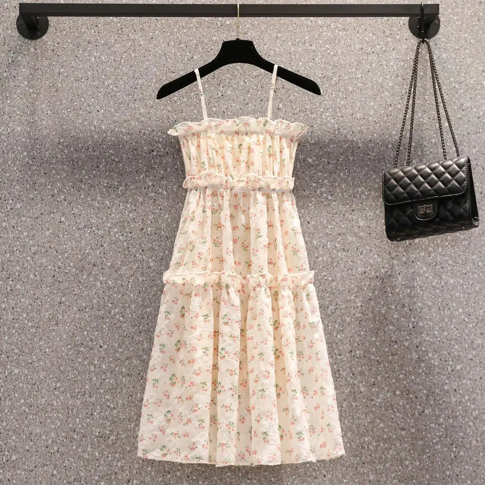 

Women Chiffon Sling Dress Summer Female Boat Neck Sleeveless Large Size A Line Vintage Elegant Floral Printed Ruffles Vestidos