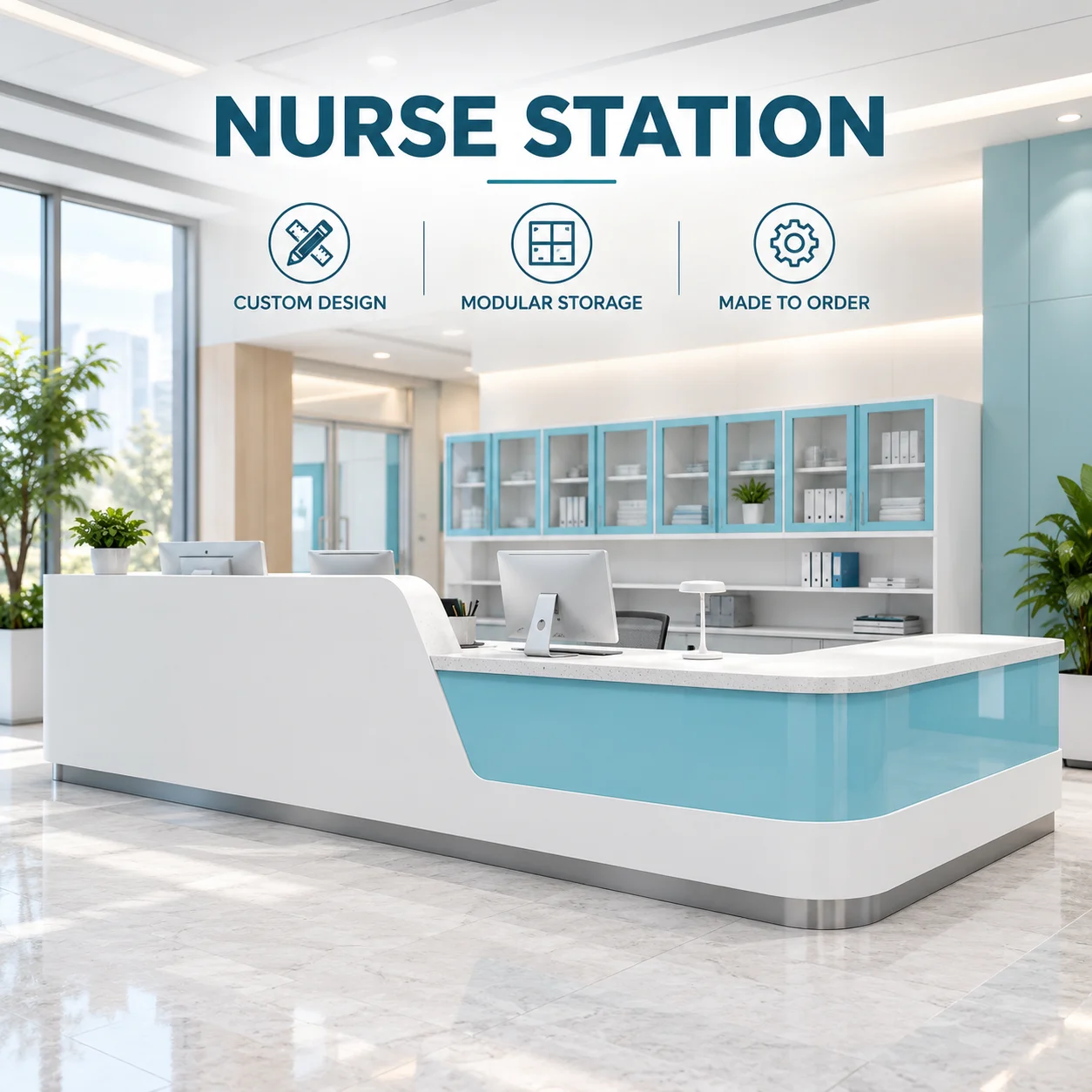 Modern Hospital Nurse Station Desk Custom L Shaped Medical Reception Counter with Storage Cabinets for Clinic Healthcare Center