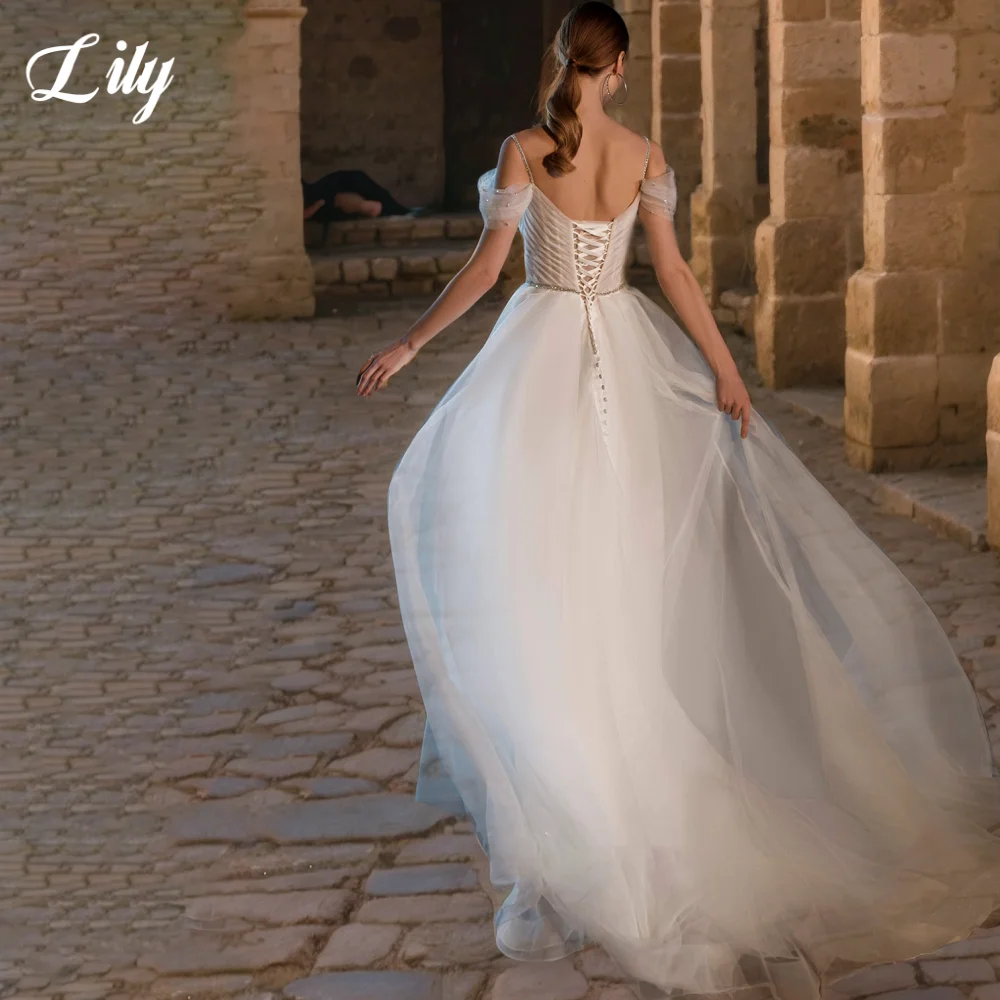 Lily White Elegant Wedding Dress V-Neck Off the Shoulder Wedding Gown with Back Strap A-Line Trailing Bridal Dress Customized