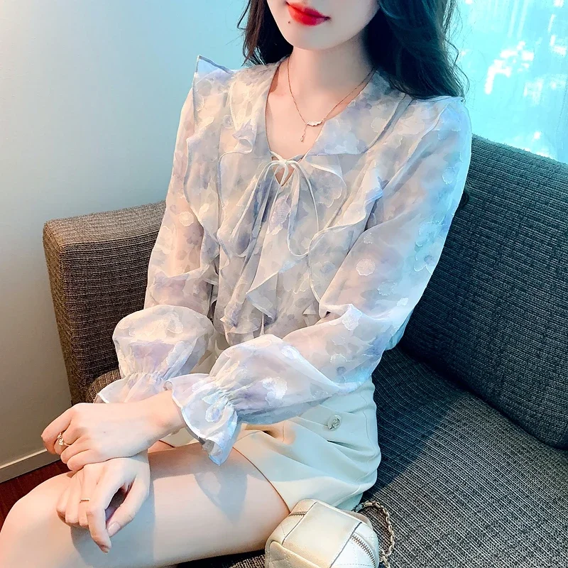 Autumn Women's Long Sleeve V-Neck French Flare Sleeve Printed Ruffle Lace Up Chiffon Shirt Womens Tops Blouse Camisas