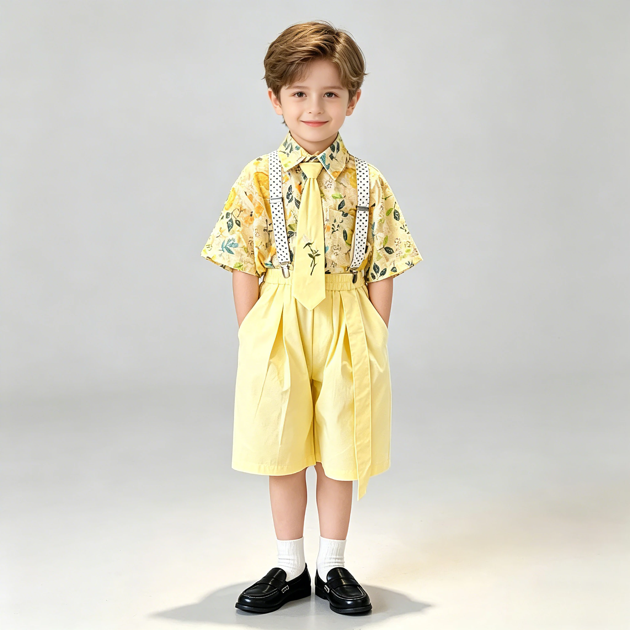 Boys Floral Print Suspender Shorts Set Gentleman Outfit for Kids Wedding Birthday Party Daily Holiday Performance Costume 8 10 Y