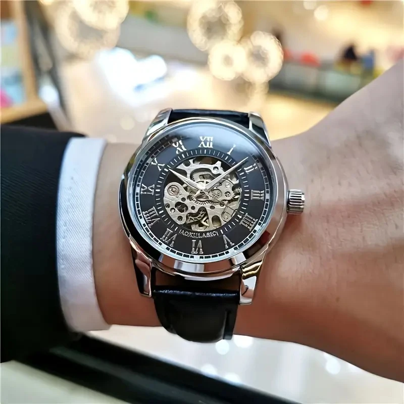 Elegante reloj mecánico automático para hombre con esqueleto - Correa de cuero, esfera con números romanos, movimiento automático, ideal para ropa de negocios y casual, hombres jóvenes, reloj informal de negocios para hombres |   Diseño hueco del reloj esqueleto |   Relojes duraderos, accesorios para relojes, sin baterías