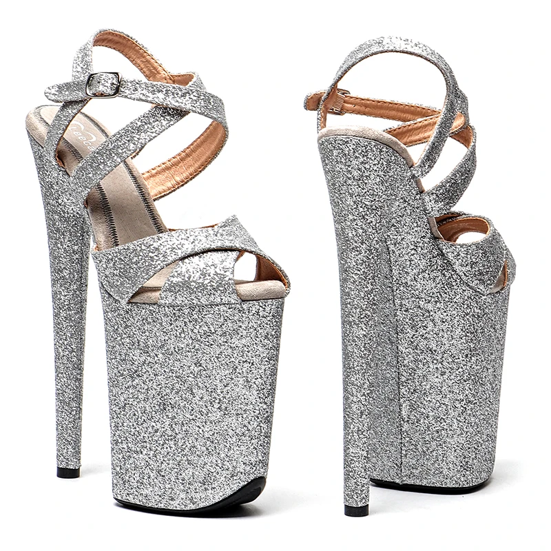 Leecabe 23CM / 9inches  Silver Glitter  fashion  Platform High Heels Sandals Pole Dance shoes