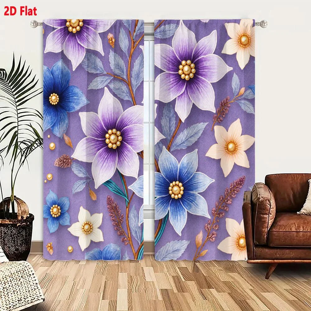 2Pcs Curtains 2D Flat Decorative Floral Pattern With Blue White Light Peach Purple Flowers Golden Beads Leaves Stems On Light Pu