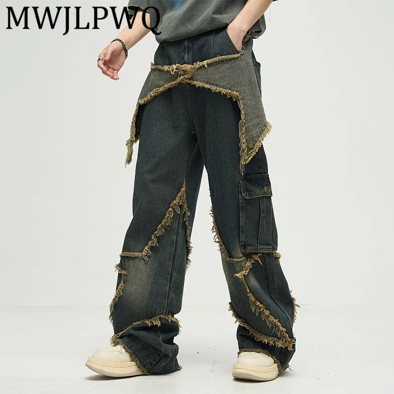 

MWJLPWQ Spliced Pacth Design High Street Jeans Men's Rough Edge Hiphop Hamdsome Side Pocket Niched Casual Autumn Trousers 11862