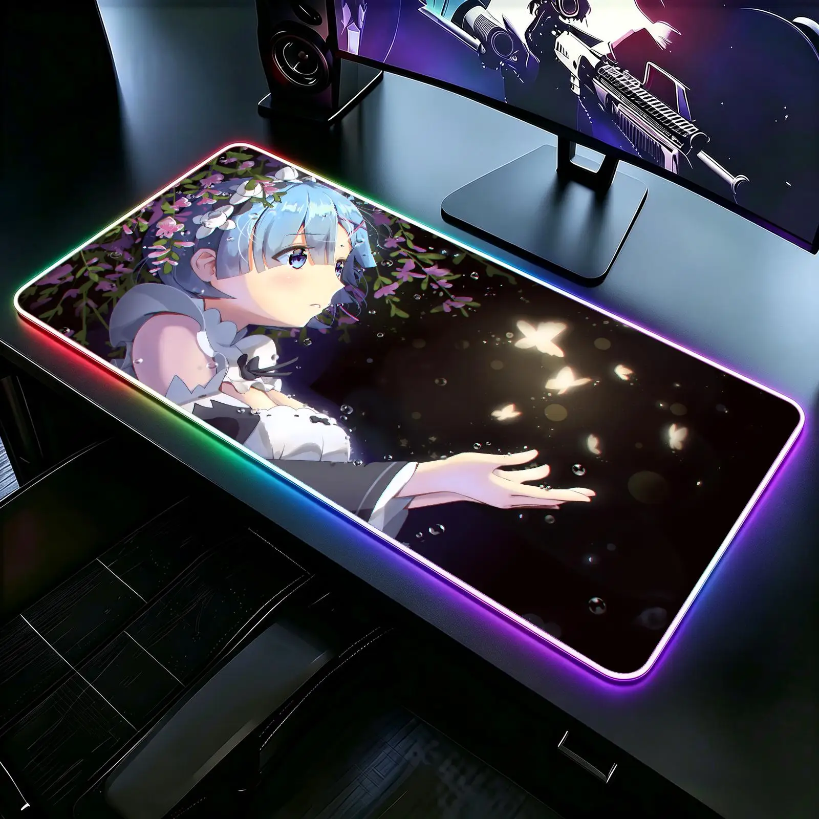 Mouse Pad XXL RGB Glow Gaming Desk Pad, wearproof sewn border, anti-slip mat for desktop, bedroom & office use Anime Re Zero Rem