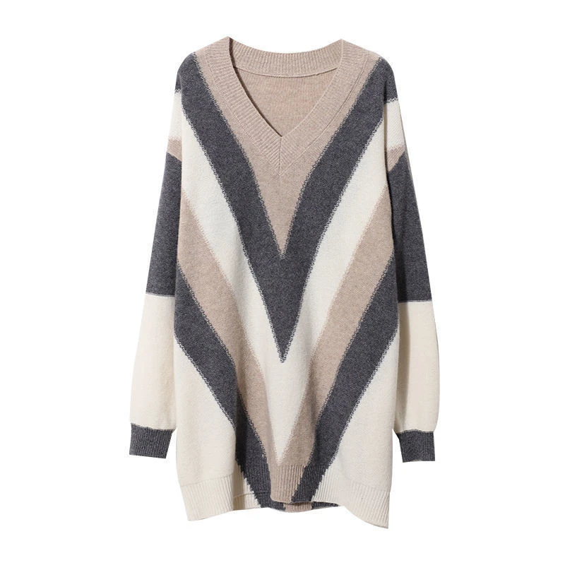 Vintage Korean Fashion V-neck Striped Long Sleeve Knitted Sweater for Women Autumn Winter Casual Loose Tunic Pullover Top Female