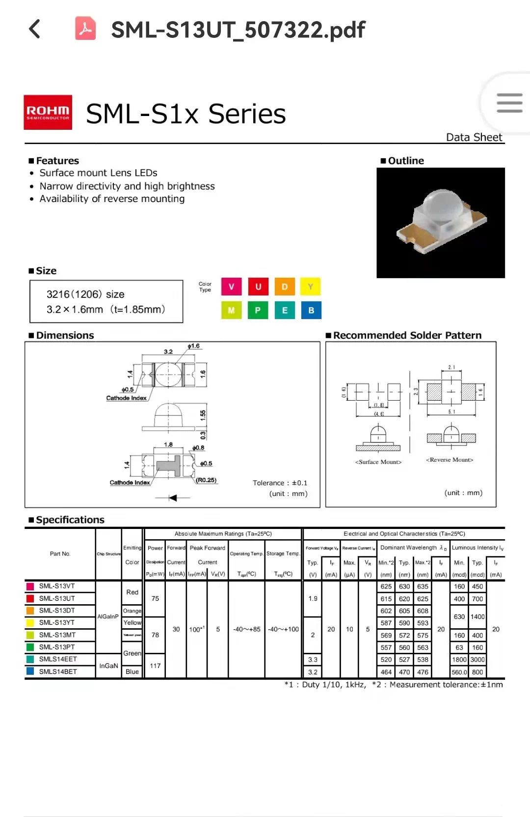 50Pcs/SML-S13UTT86 Red, 1206 [3216], 20 mA, 1.9V, 620nm