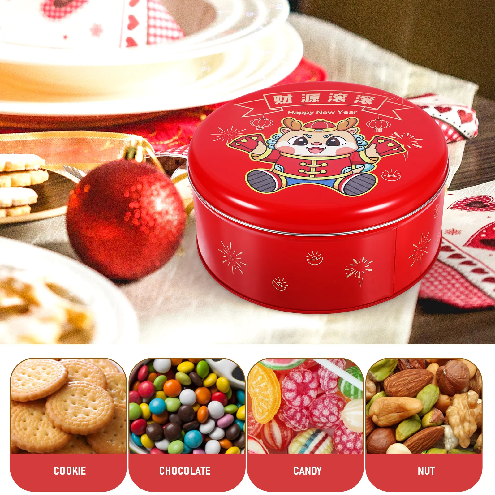 

Tinplate Cookie Tin New Year Theme Design Exquisite Craftsmanship Easy Open Lid Festive Gift Box Holiday Candy Biscuit Storage