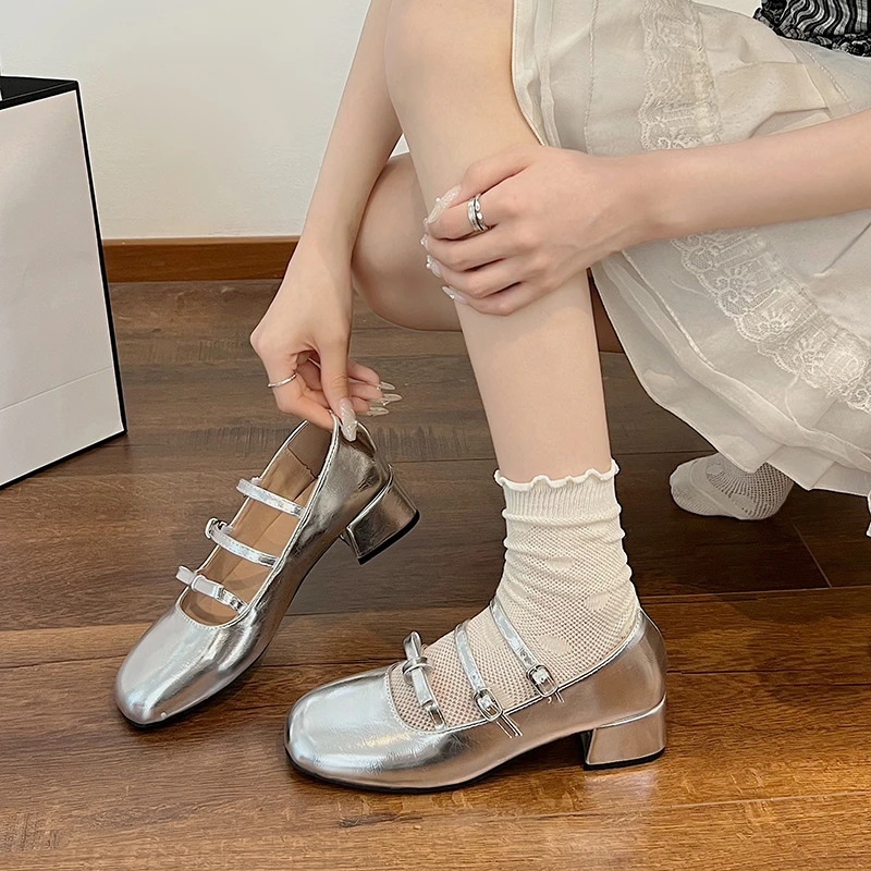 

Spring and Autumn New French Vintage Ballet Shoes Block Heel Fashion Line with Mary Jane Single Shoes Mid-heel Casual Shoes