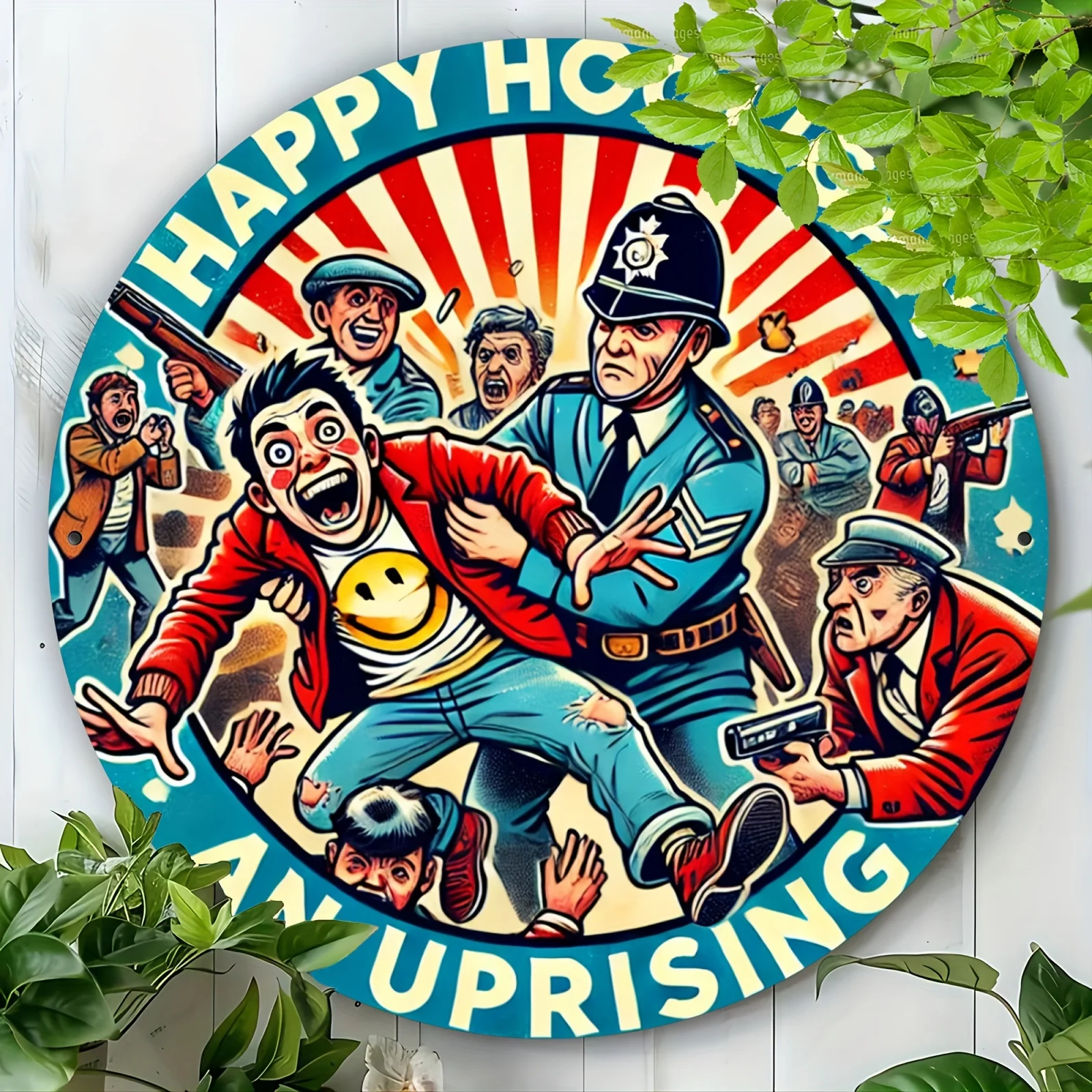 1 Stück, „Happy Hooligan“, 20,3 x 20,3 cm großes rundes Metallschild, langlebige Aluminium-Wandkunst, ideales Geschenk für Heim- und Bürodekoration, drinnen und draußen