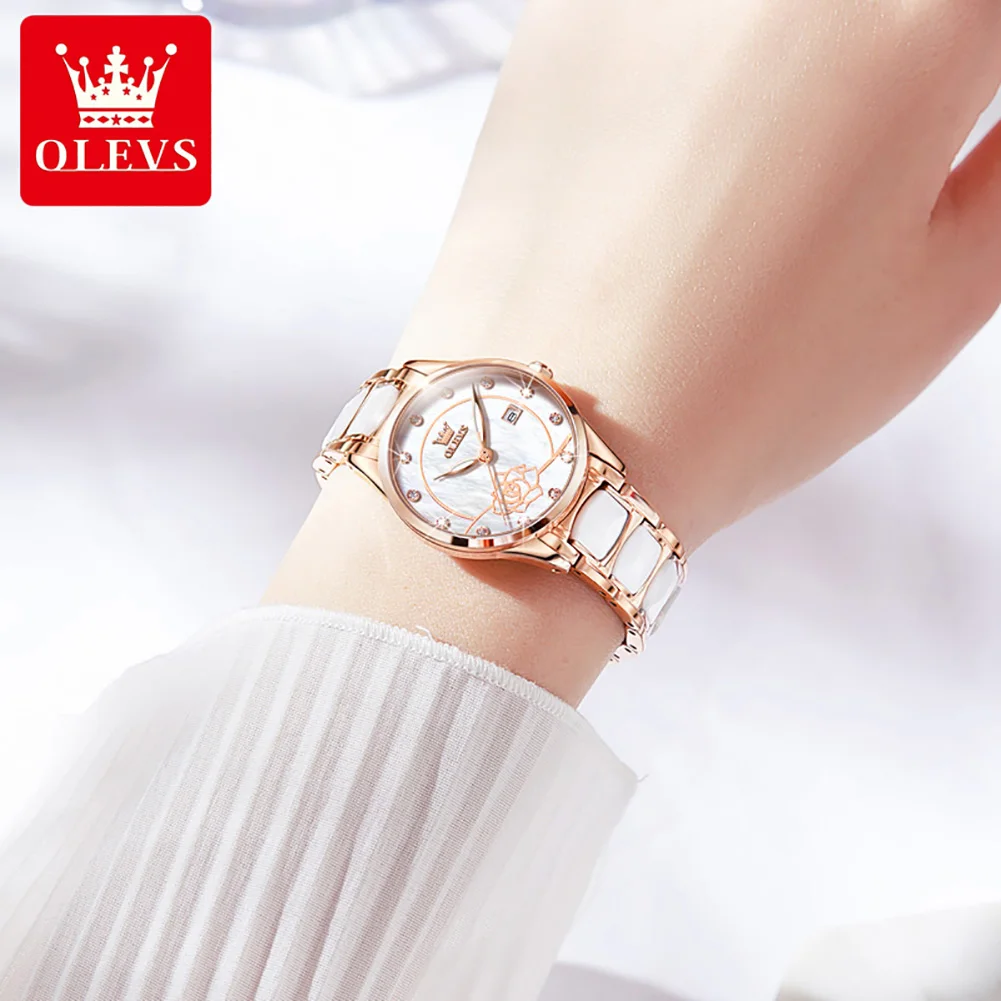 OLEVS 3606 Women\'s Watch Luxury Quartz Japanese Movement Watch Exquisite Rose Waterproof dial Elegant Ceramic Women\'s Watch