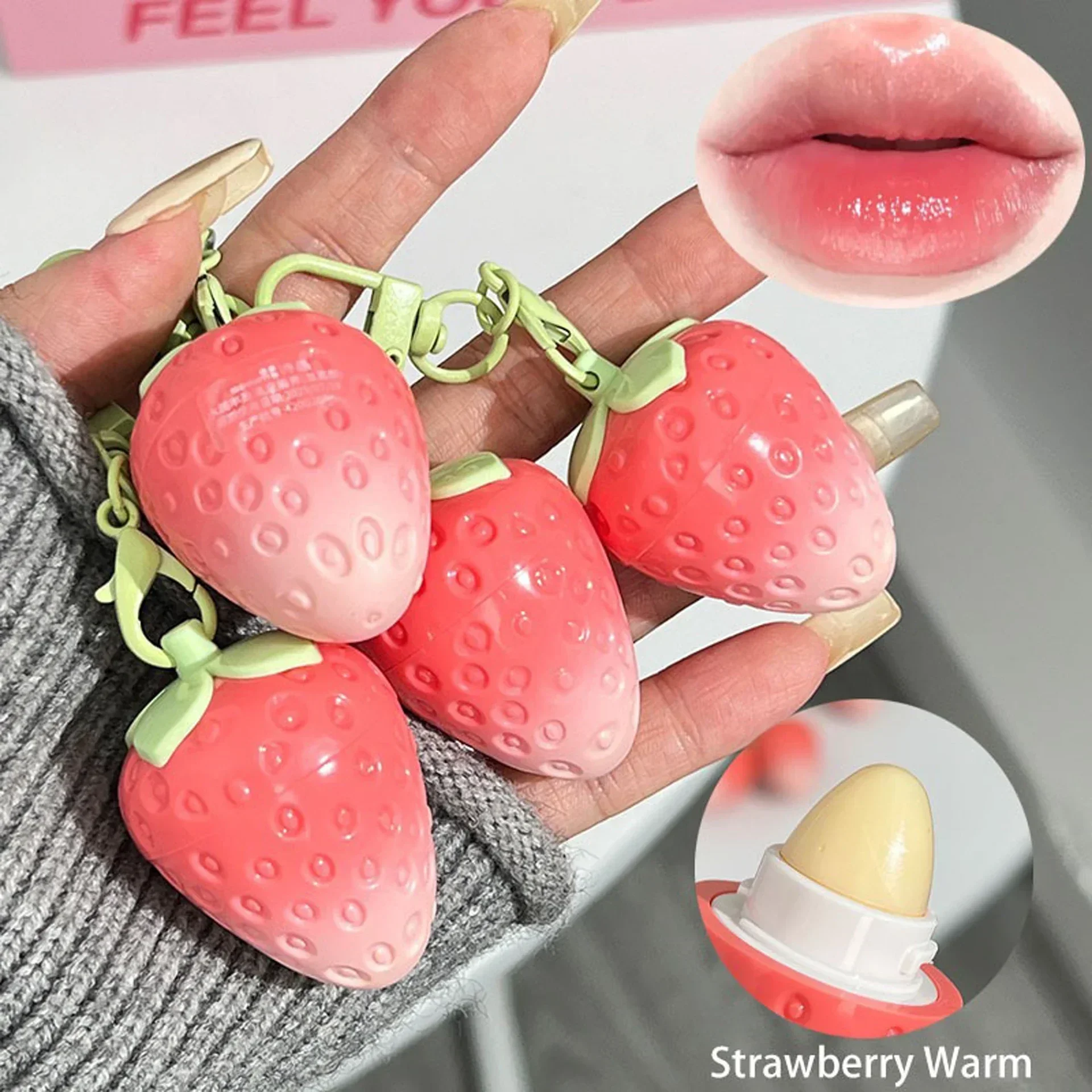 Mini Strawberry Keychain Warm Change Lip Balm Moisturizing Anti-dry Easy To Carry Anti-cracking Colored Lip Tint Makeup