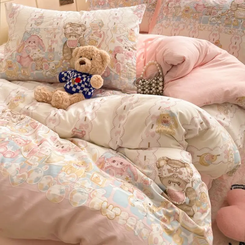 Pink Bedding Set with Bear Ins New Summer Duvet Cover Flat Sheet Pillowcase No Filler Girls Boys Full Queen Bed Linens