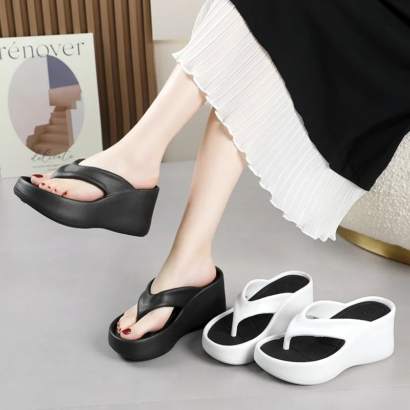 Women's Clip Toe Wedge Flip Flops Summer Chunky Platform Beach Sandals Woman Thick Sole High Heeled EVA Slipers Slides