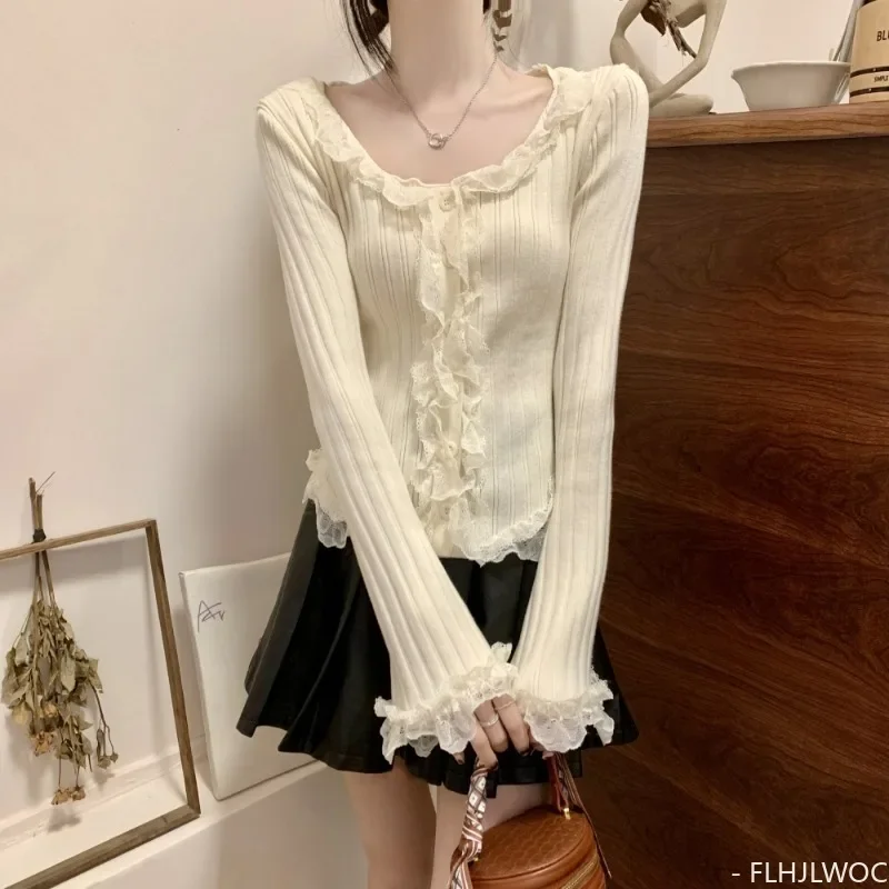 New Year Hot Slim Fitted Ruffles White Lace Sweater Jumper Women Girls Japan Style Retro Vintage Chic Korea Short Knit Pullovers