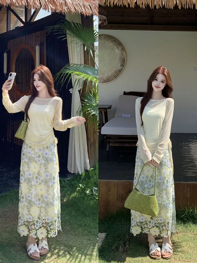 

Fashionable plus Size Women's Three-Piece Set Skirt Elegant Summer Artistic Style Versatile plus MM Midi Skirt Suite