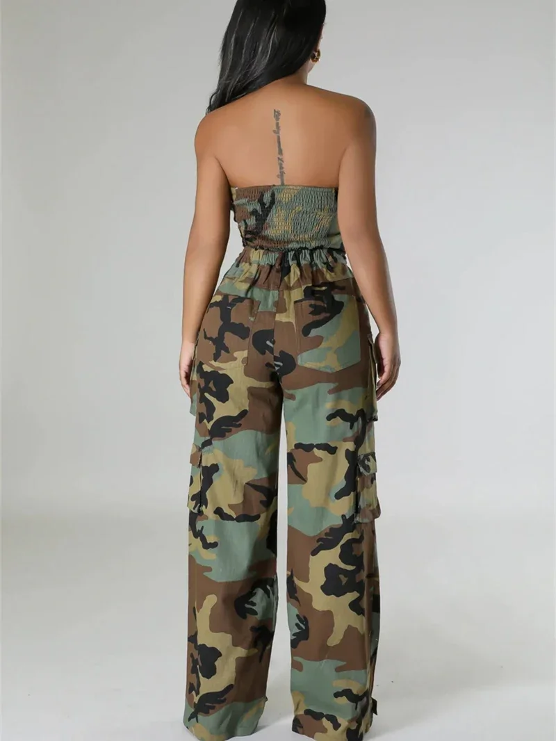 스트릿웨어 위장 2 피스 세트, 여성 의상, 여름 옷, 2024 스트랩리스 조끼, 탑 카고 바지 세트, 패션 여성 세트