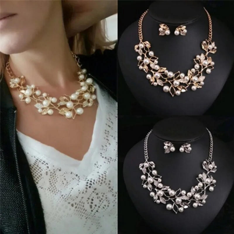 1Set Pearl Choker Necklace Bridal Jewelry Women Banquet All-match Beaded Crystal Leaf Elegant Luxury Necklace Earring Jewelry image 5