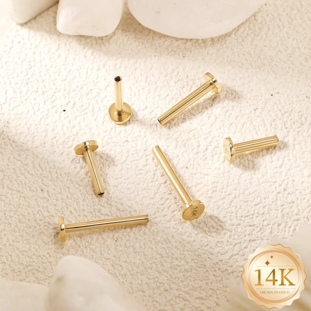 DIeSchein 14K Solid Gold 6.5/8/10mm Internally Threaded Labret Postfor healing piercings 18G Flat Back Replacement Bar