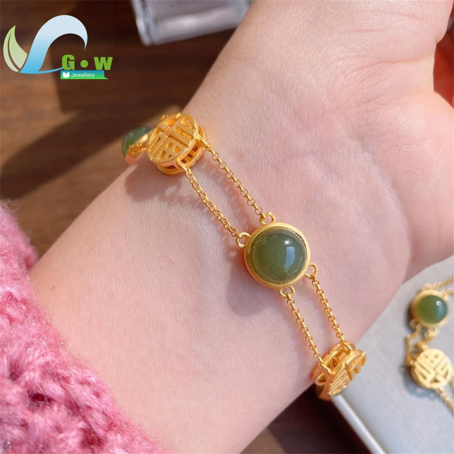 

Premium Natural Green Jade Fu Character Bracelet with 925 Sterling Silver Gold Plated for Women Luxury Fashion Jewelry Gift Idea