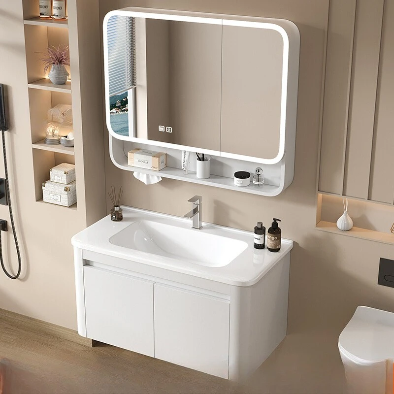 

Smart bathroom cabinet combination ceramic integrated basin space aluminum new cream wind washing table washbasin cabinet
