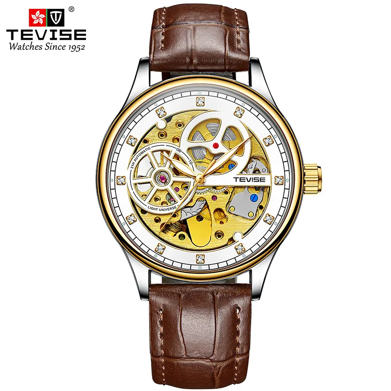 TEVISE Watch for Men T820E Automatic Watch Man Thickened Cowhide Strap Hollow Mechanical Movement Zircon Scale Luminous Display