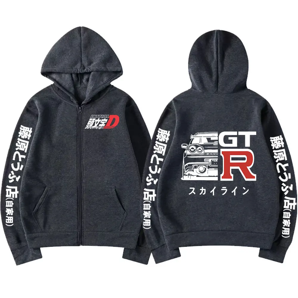 Anime inicial d drift ae86 zíper hoodie casual vintage zip up