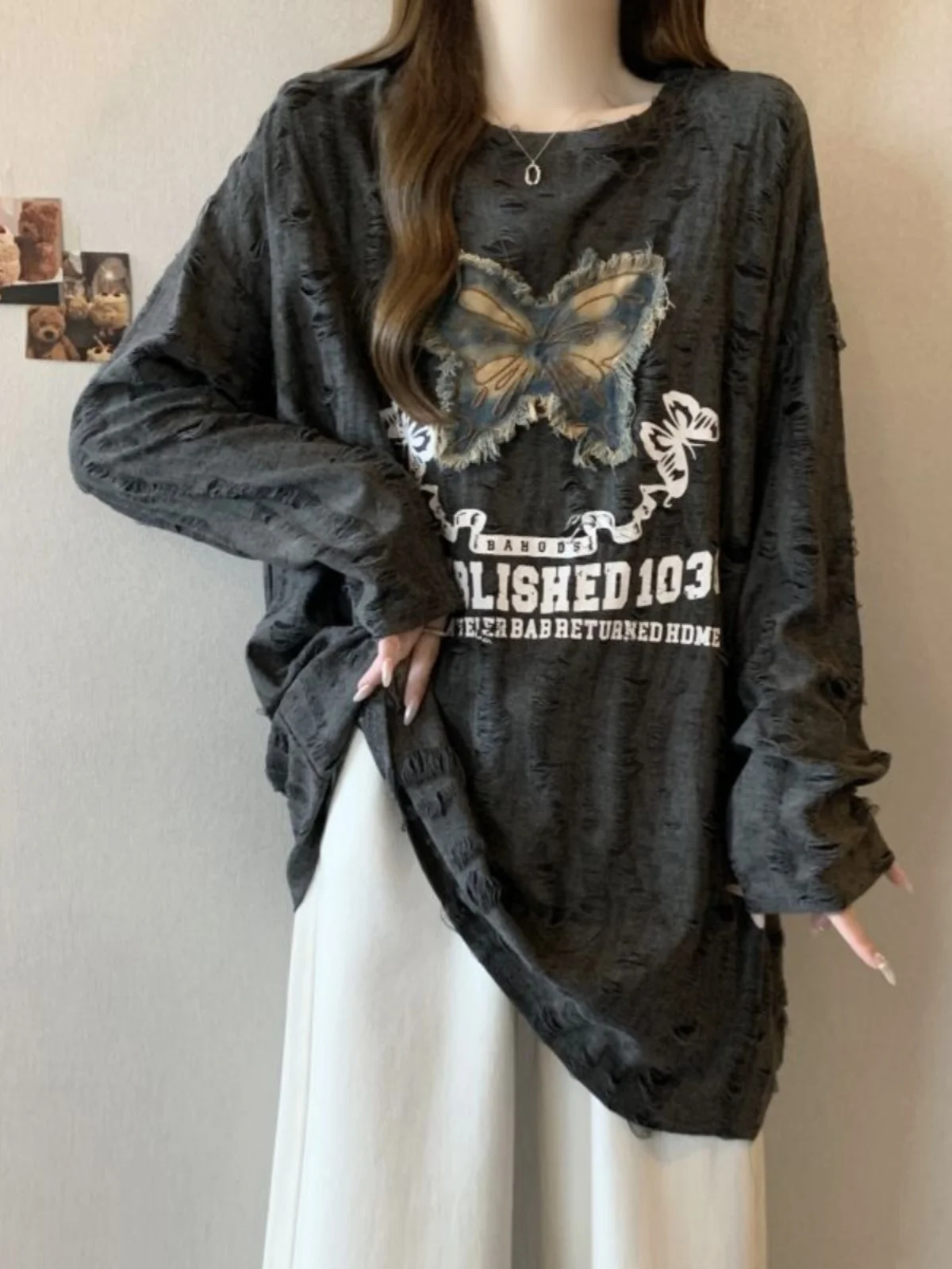 Retro American  Knot Patchwork Long Sleeve T-Shirt Women's Spring Autumn plus Size Fat MM Mid-Length Butt Covering B...