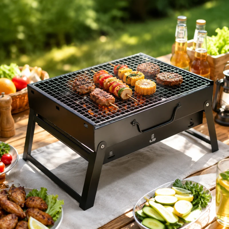 Portable Stainless Steel Mini Charcoal BBQ Grill, Lightweight Barbecue Kit for Outdoor Camping Picnic Beach Cooking