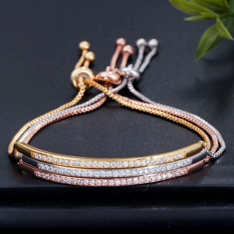 3pcs Bracelets For Women Simple Models Gold-color Silver-plated Rose Gold-color Each 1 Adjustable Copper Beads Jewelry