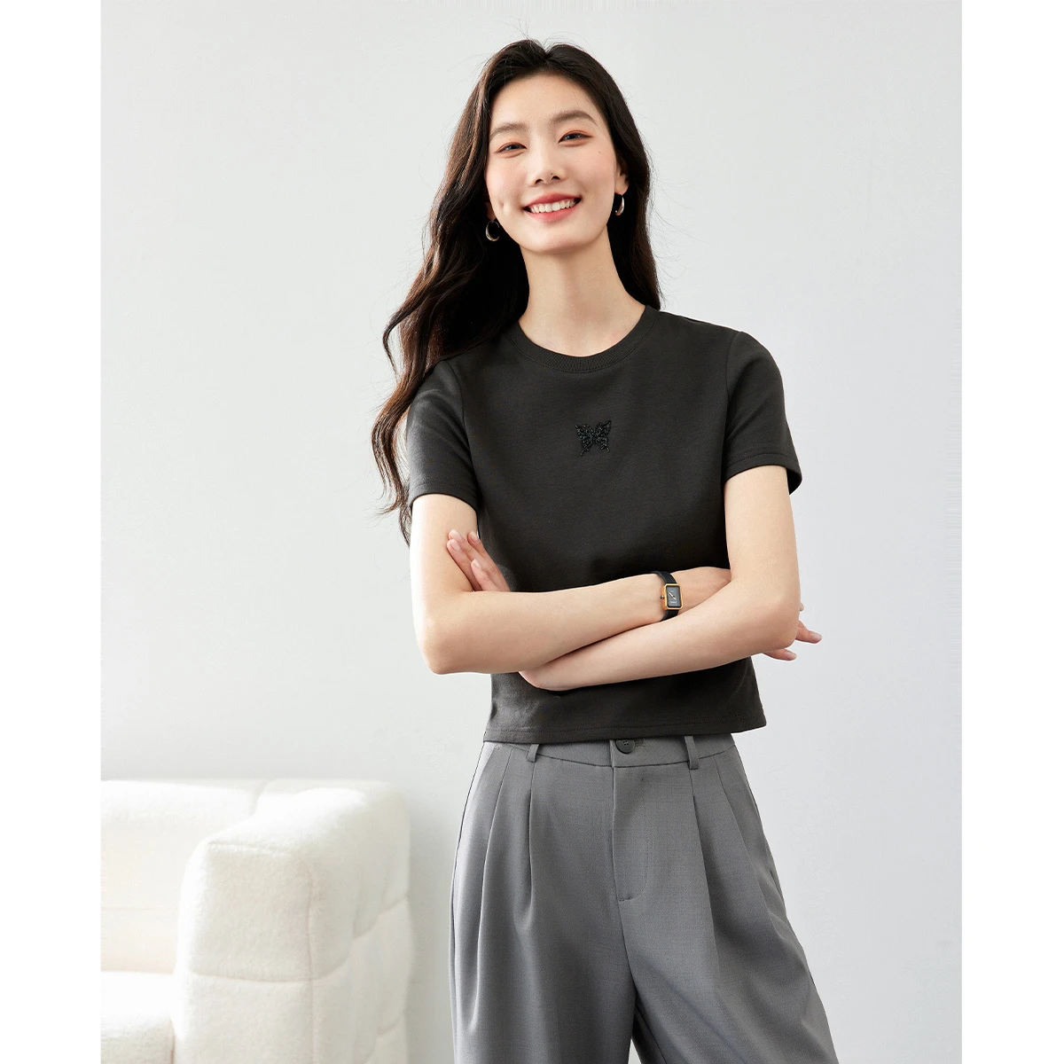 VIMLY Women's Printed Short Sleeve T-shirt 2026 Summer Casual Round Neck Butterfly Hot Stamp Tees Cotton Female Tops M7367