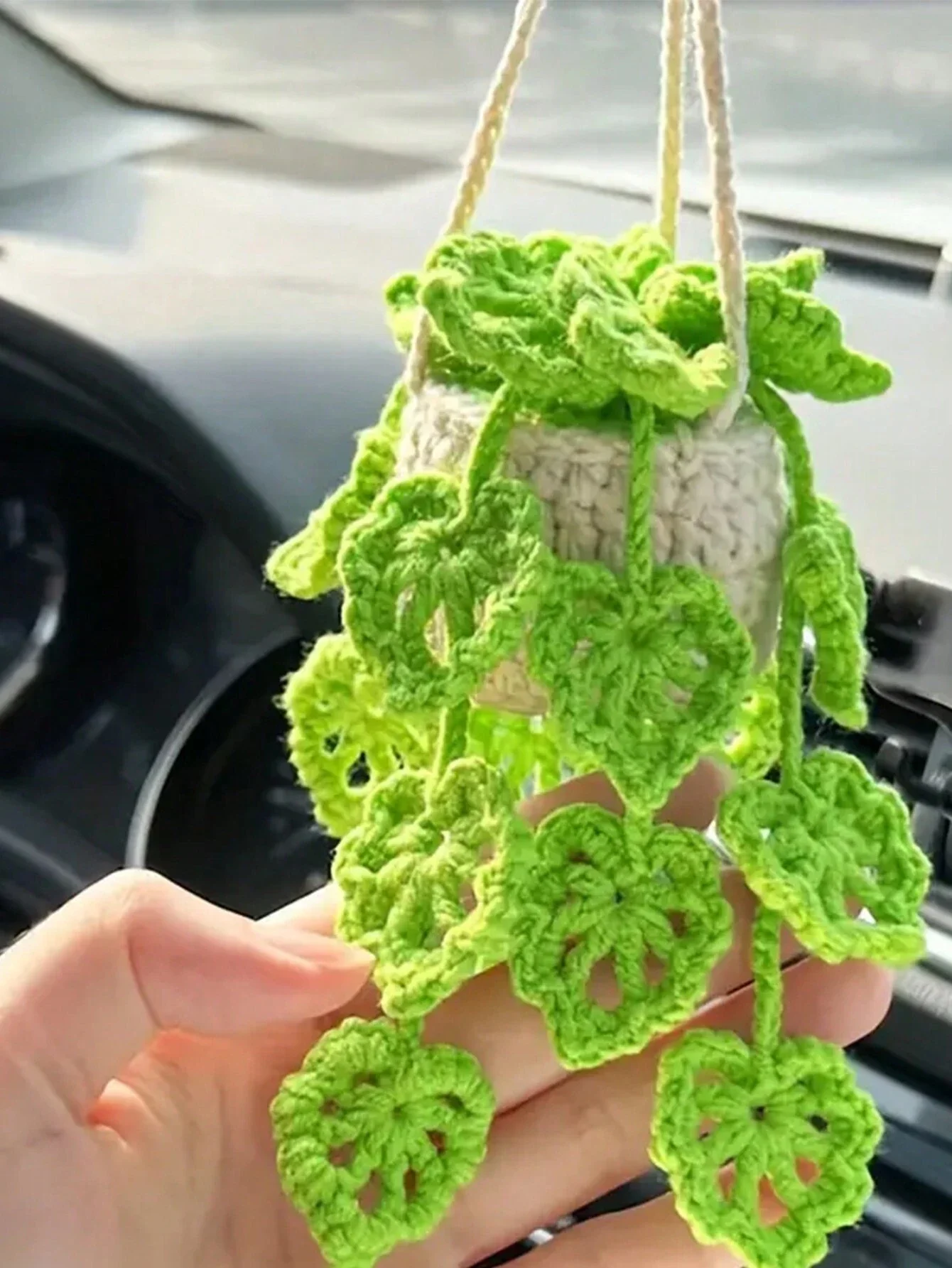 

1pc Handmade Crochet Hanging Potted Plants Ornament For Car, Creative Car Charm Rearview Mirror Pendant