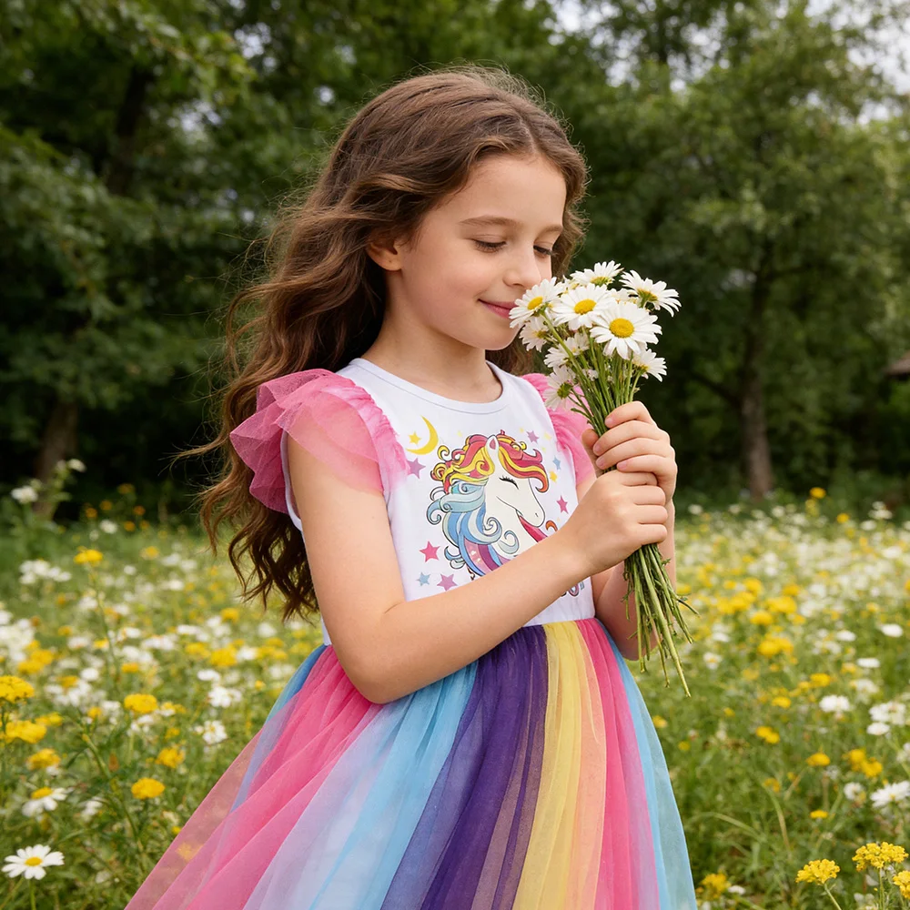 VIKITA Girls Unicorn Colorful Rainbow Tulle Dress with Flare Sleeve Kids Layered Birthday Party Casual Summer Elegant Vestidos