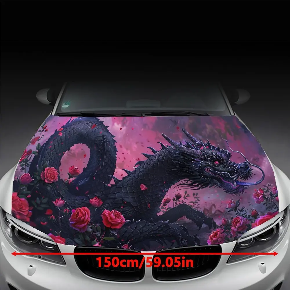 Domineering and Romantic Car Hood Decal, Black Dragon and Red Rose Auto Exterior Protective Sticker, Vinyl Waterproof Self-adhes