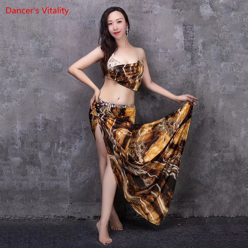 Traje de danza del vientre para mujer adulta, sujetador de alta gama, ropa de práctica, actuación profesional en escenario, Top elegante, conjunto de falda larga