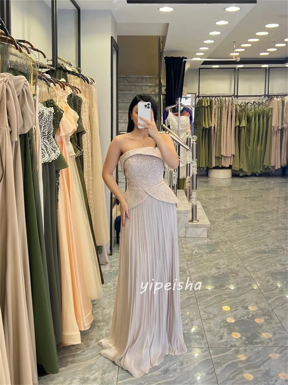 맞춤형 모던 스타일 패션 스팽글 비딩 스트레이트 스트랩리스 롱 드레스 맞춤형 행사 드레스 사이즈 선택 가능 포멀