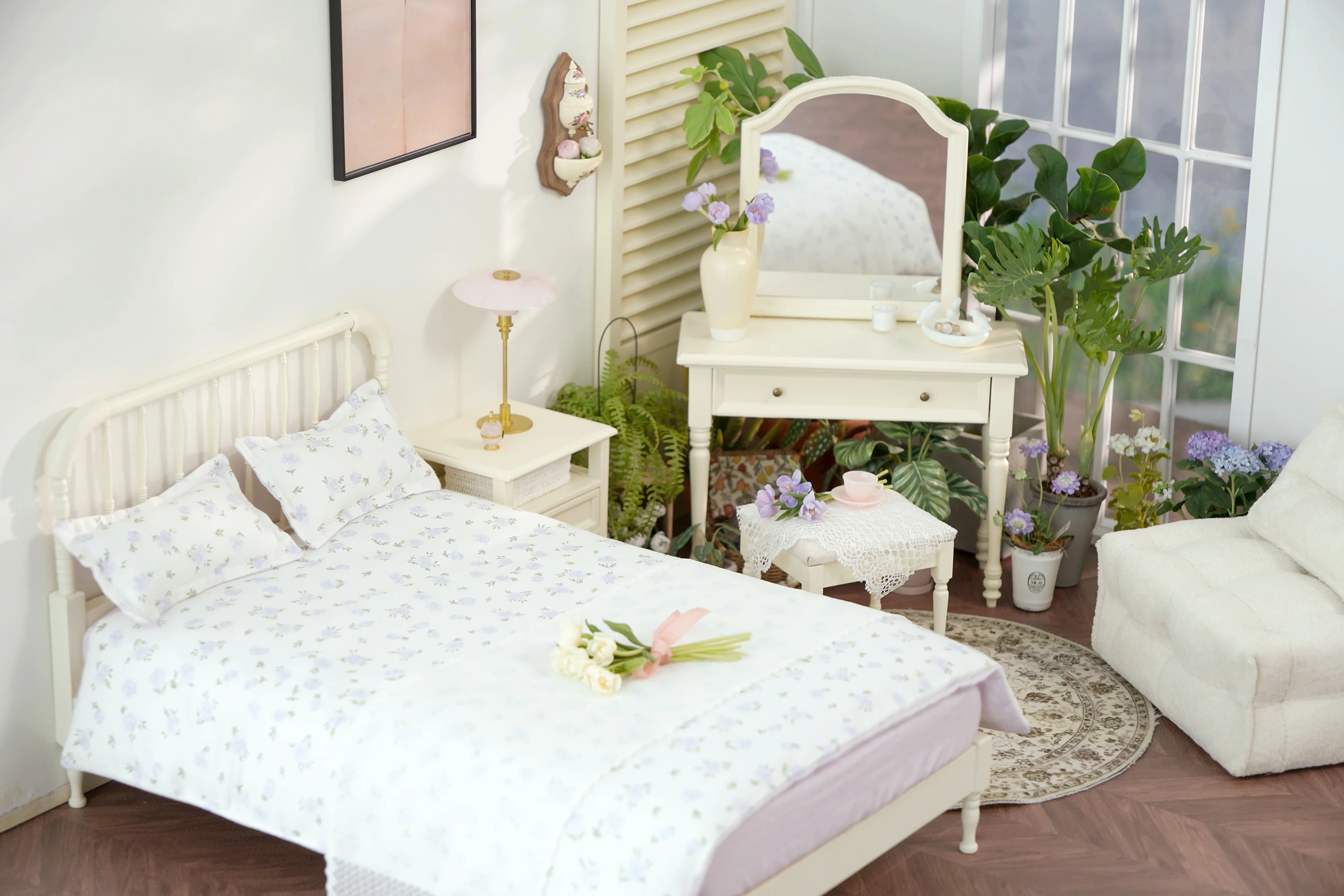 Meble do domku dla lalek w skali 1/6 BJD OB11, mini model, łóżko dwuosobowe/łóżko do sypialni z litego drewna